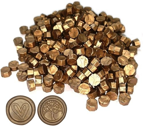 Chedin Perles de cire en forme de paillettes pour sceau de cire, 500 perles de cire à sceller, pour sceau de laque vintage et lettres, invitations, cartes, emballage de vin, emballage cadeau (bronze