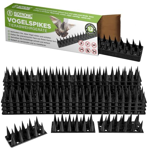 ISOTRONIC - Punte repellenti per Uccelli, Gatti e martore - per recinzioni, davanzali, tetti, Alberi e Giardini (5,4 m | 12 Pezzi | Nero)