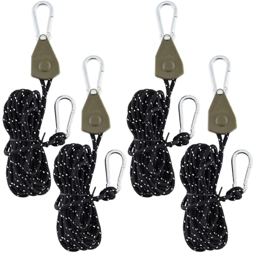 alwaiiz 4 Pièces Réfléchissant Corde à Cliquet, 4m x 4mm Tendeur à Cliquet pour Corde avec Crochet, Convient pour Le Camping en Plein Air, Tentes, Auvents, Capacité de Charge 68 kg(1 Paires), Noir
