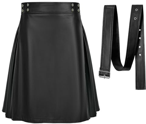 Usthirit Mens Scottish Utility Kilts Vintage Gothic Pleated Skirts Vintage Traditional Leather High Waist Kilts (Z3321BK, 4XL)