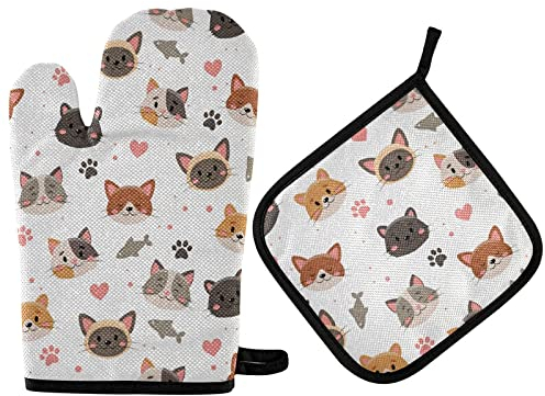 Ofenhandschuhe Niedliches Katzenmuster, Entzückende Kätzchenpfote Topflappen Set Thermoisolierung Topfhandschuhe Waschbare Grillhandschuhe Für BBQ Backen Kochen