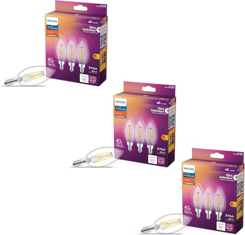 PHILIPS LED 40W B11 9-Pack Ultra Definition Soft White (2700K) 300 Lumen (3.5W = 40W) Dimmable Clear Flicker-Free Candelabra Light Bulbs