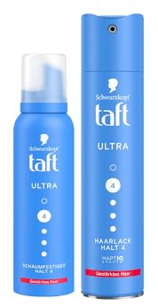 Taft Schwarzkopf Schaumfestiger Ultra (150ml) Haltegrad 4 Haarschaum für alle Haartypen & Haarlack Ultra (250ml) Haarstyling, Haarspray, gestärktes Haar, vegane Formel*