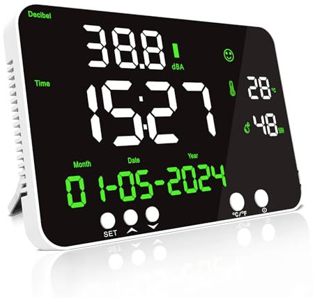 LYCEBELL Schallpegelmesser zum Aufhängen Digitales Dezibel-Messgerät Temperatur Luftfeuchtigkeits- und Geräuschmessgerät, Wandhalterung30~130 dB, 11 Zoll großer LED-Bildschirm