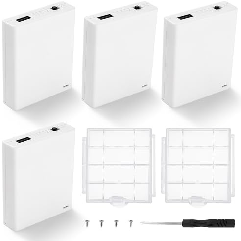 KUOQIY 4 Pièces 4x1.5V AA Supports de Piles, Boîtier de Batterie avec Intégré Prise Femelle USB Couvercle et Interrupteur On/Off, avec 2 Pièces Boîte à Piles en Plastique et Tournevis et Vis, Blanc