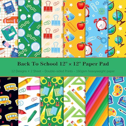 ZAKHSE Motivpapier 30x30cm, 24 Blatt Thema Zurück zur Schule Designpapier, Doppelseitig Bedruckt Bastelpapier Bunt, 12 Designs, Scrapbook Papier Dekopapier für DIY Kartenherstellung Sammelalbum