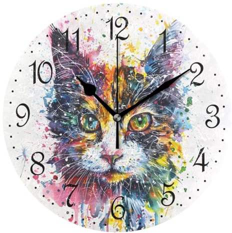 Mnsruu Wanduhr mit Katzen, Aquarell, leise, nicht tickend, dekorative Wanduhren, batteriebetrieben, 25 x 25 cm