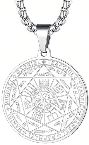 KSJEHW Halskette Herren 7 Erzengel Siegel Medaille Talisman Halskette für Männer Frauen Edelstahl Pentagramm Talisman Anhänger Amulett Magische Schutzkette Männlicher Schmuck Glücksbringer(Silber)