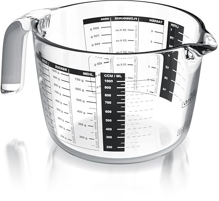Arendo – Messbecher Glas 1l – 1000 ml - Messkrug Borosilikatglas - hitzebeständiges Glas – Mikrowellen geeignet - präzise Skala