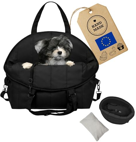 Petsen 3in1 Hundetasche & Transportbox – Autositz, Reisebett & Tragetasche für kleine Hunde & Katzen – Handgefertigt in der EU – Waschbar mit Kissen (Schwarz)
