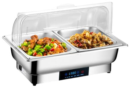Elektrisch Chafing Dish, 9L Edelstahl Buffetwärmer, 35℃-90℃ Temperatur Einstellbar Speisenwärmer, Warmhaltebehälter mit Transparente PC Deckel für Buffet Catering Gastro und Party (2 Speisebehälter)