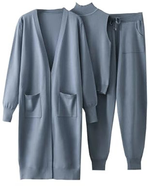 Damen-Pullover, 3-teiliges Trainingsanzug-Set, Strickjacke, Mantel, halber Rollkragen, Weste, weites Bein, Hose, Stricksets, grau, Einheitsgröße