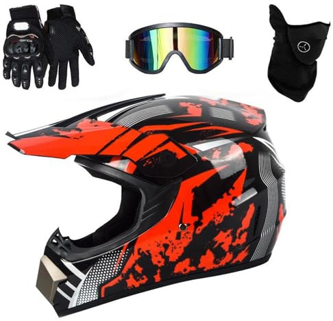 Kids Motorbike Motocross Helmet,Full Face MTB Helmet With Goggles Mask Gloves,Quad Bike Youth Kid Full-Face Off Road Motorcycle Crash Helmet(Red,L(56~57cm))