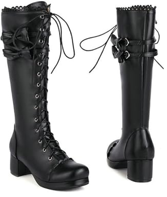 Knähöga Stövlar Dam Lolita Stövlar Med Långa Skaft PU-läder Snörstövlar Varma Plattformsstövlar Med Blockklack Sweet Rosett Snöstövlar Cosplay Vinterskor(Black,43 EU)