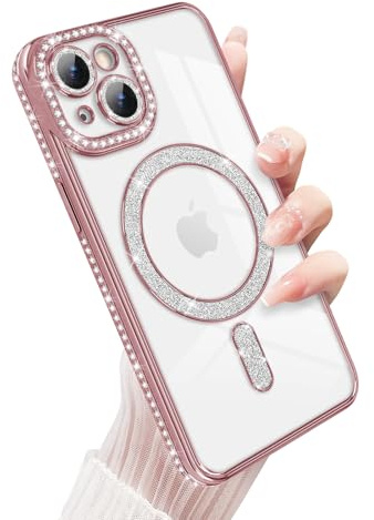 Newseego Custodia Magnetica Glitterata per iPhone 14 [Compatibile con Magsafe], Fotocamera Protettore Antiurto Diamanti Bling Morbido TPU Cover Ragazze Donne per iPhone 14-Rosa