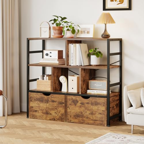 Dripex Bücherregal mit 2 Schubladen und 7 Fächern 33 x 100 x 90 cm, Retro | Küchenregal aus Holz und Metallrahmen Standregal Würfelregal für Schlafzimmer Wohnzimmer Büro Küchen