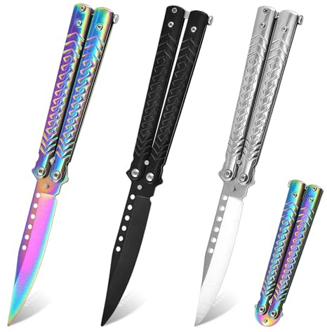 Sporgo 3 Stück Butterfly Messer: Butterfly Trainer Ungeschärfte Klinge Übungs Butterfly Kamm, Edelstahl Butterfly Knife Trainer für Trainingsmesser Anfänger übt Flipping-Tricks (Schwarz+Weiß+Farbe)