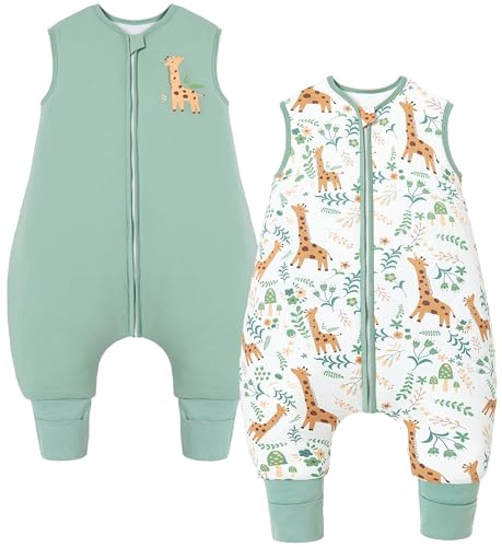 Chilsuessy 2er Pack Baby Schlafsack mit Beinen 2.5 Tog Winter Schlafsack Unisex Ganzjahres Schlafsack mit Füßen Babyschlafsack Schlafsack Kinder, A Grün + Giraffe, 100cm/Baby Höhe 105-115cm