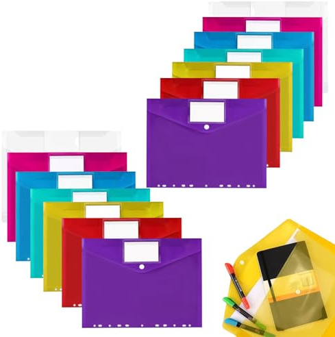 A4-Kunststoffhüllen mit gelochten Taschen, 14 Stück, Ordner mit Druckknopf, für Papiere, mit Etikettentasche, für Büro, Schule, Zuhause