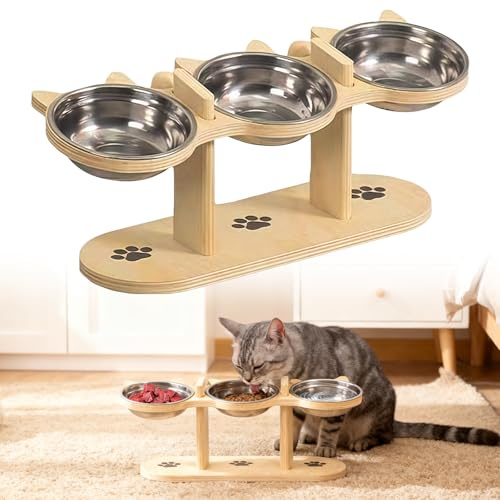 GOMETY 3-i-1 kattskålar, upphöjd uppsättning av 3 matstationer katter med 3 rostfria skålar, höjd justerbar matskål, katthöjd med trästativ, ergonomisk ätskål, vattenskål för små hundar