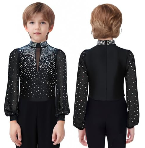 Runhomal Boys' Long Sleeve Dance Bodysuit Figure Skating Leotard Shiny Rhinestones Ballet Jumpsuit Gymnastics Shirt Black 9-10 Years