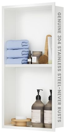 304 Stainless Steel Shower Niche Insert-Glossy White 24 x 12 No Tile Needed Bathroom Niche for Shower Wall-Double Shelves Built in Shower Shelf-Waterproof Recessed Cabinet for Bathroom Living Room