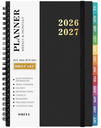 Planner 2026-2027: 2026-2027 Academic Planner Weekly and Monthly, Jul. 2026 - Jun. 2027, 5.5 x 8.2, Calendar Planner with Monthly Tabs, Flexible Cover, Thick Paper, Inner Pocket for School Office Supplies(Black)