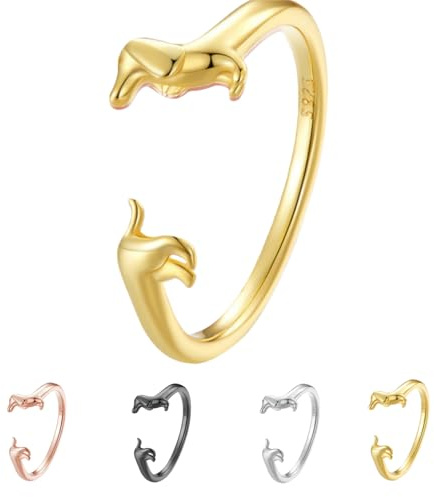 Kuisoe Dackel Ringhalter – 925 Sterlingsilber Damenring mit süßem Tiermotiv. Offenes Design, verstellbar & ideal als persönliches Geschenk zur Geburt, zum Geburtstag oder für Hundeliebhaber (Gold)