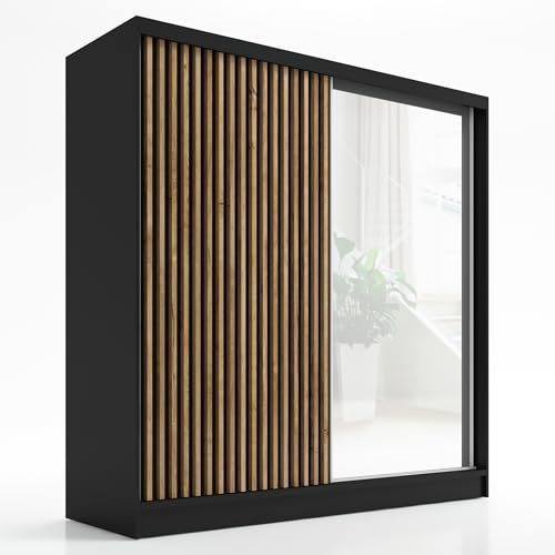 A&J MöbelLand Schwebetürenschrank LUNO Kleiderschrank 2-türig mit Spiegel Garderobenschrank 200 cm (Schwarz)
