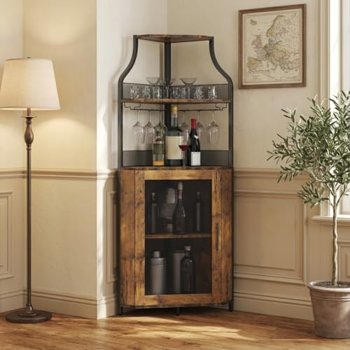 Litake Eckbar-Kommode, Flaschenregal Mit Verstellbaren Regalen, 5-Schichten Landhausweinkommode Mit Verschließbarem Tür Und Verstellbaren Füßen Für Esszimmer, Wohnzimmer, Küche, Rustikaler Braun