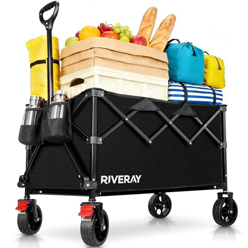 RIVERAY Chariot Pliable Tout Terrain 300L 230KG, Chariot de Plage à roulettes avec Freins, Toile Amovible, Grand Volume XXXL pour Camping, Jardin, Pêche, Transport, Pique-Nique