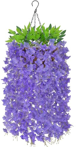 Fairblo Fake Wisteria Flowers Hanging Baskets Outdoor Faux Hanging Flowers Purple Artificial Flowers Hanging Plants Silk Spring Flowers for Garden Porch Balcony Garden Home Decoration
