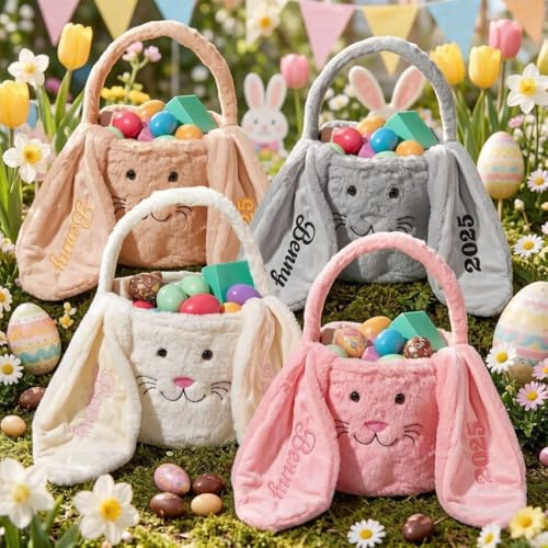 VEELU Osterkorb Personalisiert mit Namen & Jahr Osterkörbchen mit Hasenohren Osterdeko Osterhase Ostergeschenke Personalisiert Oster Geschenke für Jungen Mädchen (Stil 1)