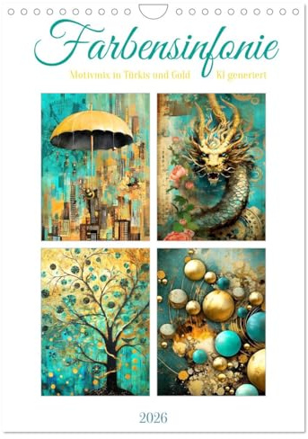 Farbensinfonie (Wandkalender 2026 DIN A4 hoch), CALVENDO Monatskalender: Abstrakt elegante Gemälde in Türkis und Gold - KI generiert (CALVENDO Kunst)