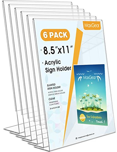MaxGear 6 Pack Acrylic Sign Holder 8.5 X 11, Plastic Paper Holder With Vertical Slanted Back, Picture Photo Frames Display Stand Flyer and Document Organizer for Office Desktop Use