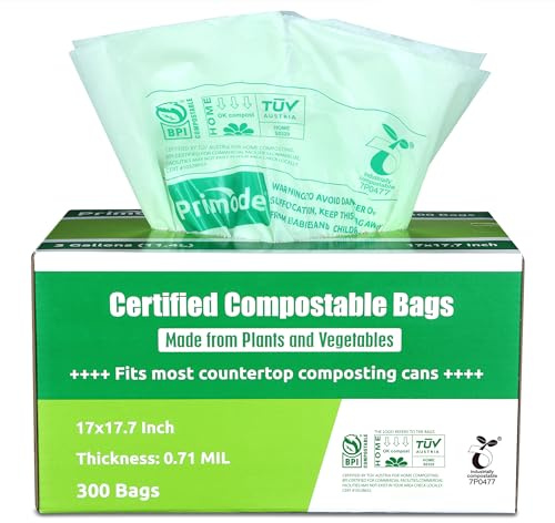 Primode Compostable Trash Bags, Food Scraps Yard Waste Bags,Extra Thick 0.71 Mil. ASTMD6400 Compost Bags Small Kitchen Bin Bags, Certified By BPI and TÜV AUSTRIA (3 Gallon)
