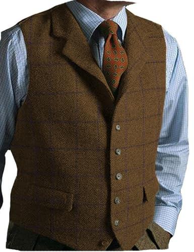 Mens Casual Plaid Suit Vest Tweed Slim Fit Waistcoat for Wedding Groomsmen(Brown,M)