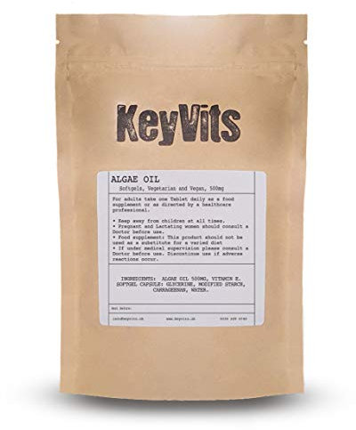 KeyVits Vegan Omega 3 Algae Oil Capsules with Vitamin E - 500mg Algae Oil - 60 Softgel Capsules