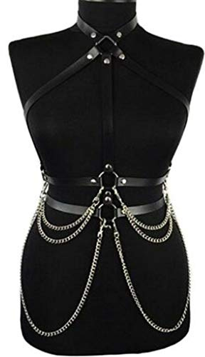 cdhgsh Womens Punk Kunstleder Taillengürtel Neckholder Neck Body Brustgurt mit Chain Chest Harness Schwarz