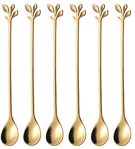 AnSaw 6-Piece Elegant Gold Leaf Long Handle Teaspoons - 7.4 Stainless Steel Stir Spoons for Coffee & Tea, Perfect for Mixing & Stirring