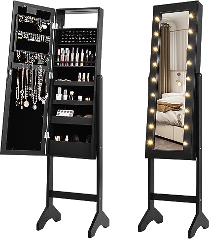 GOPLUS Schmuckschrank mit LED-Beleuchtung, Schmuckregal mit Ganzkörperspiegel & Eingebautem Spiegel, Frei Stehender Spiegelschrank, mit Stauraum für Schmuck & Kosmetika (Schwarz)