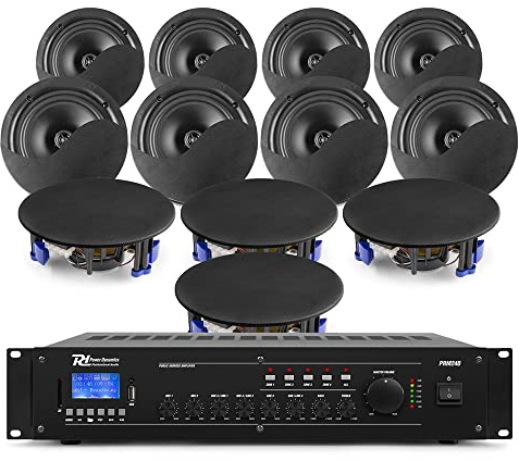 Power Dynamics NCSP5B Commercial Ceiling Speaker System - 12x 5.25 Black Ceiling Speakers with 240W Bluetooth Mixer Amplifier for Restaurants, Shops & Offices