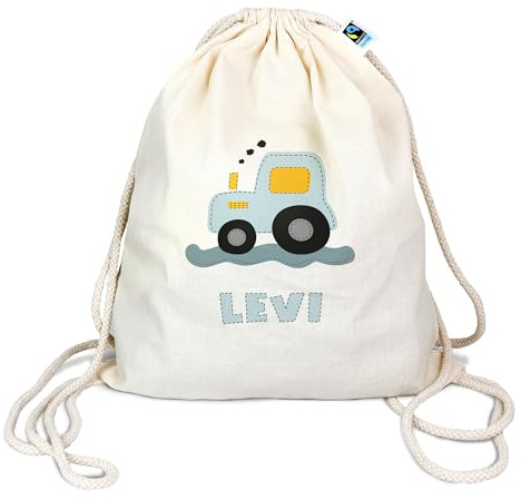 Manilu Bio Turnbeutel mit Namen personalisiert & Bedruckt | Motiv Traktor Blau | Stoffbeutel Schuhbeutel Sportbeutel Wäschebeutel Rucksack für Kinder Jungen & Mädchen | inkl. NAMENSDRUCK