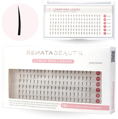 Renata Beauty FALSCHE WIMPERN UNTEN Mini – 5mm/6mm kurze falsche untere Wimpern – Premium – Einzelwimpern vegan synthetische Faser – Wimpern-Extensions mit unsichtbarem Flachband – 120 Stück