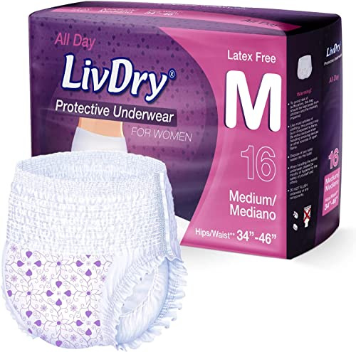 Livdry M Adult Diapers Women Overnight, Ultimate Max Absorbency, All Day or Night Protection, Medium (16 Count)