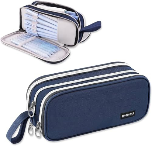 COLOCASTLE Federmäppchen Mäppchen Federmappe groß mit 3 Fächern Federtasche Mädchen Jungen Teenager Pencil Case Schlamppermäppchen für Schule Büro (Dunkelblau)