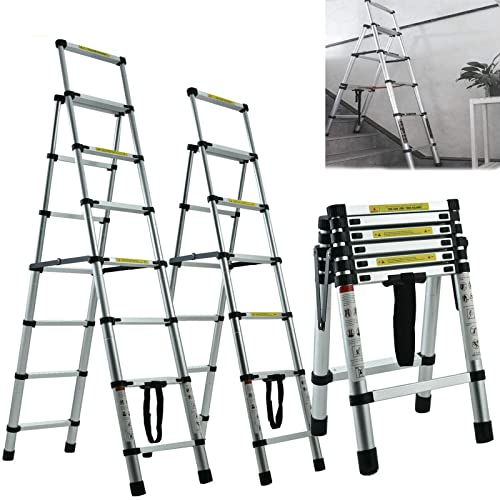 Folding Telescopic Ladder 5+6 Step Ladder Extendable Loft Ladder Portable A-Frame Extension Ladder Foldable Ladder Multi-Purpose Ladder with Non-Slip Feet for Household and Outdoor, 330lb Capacity