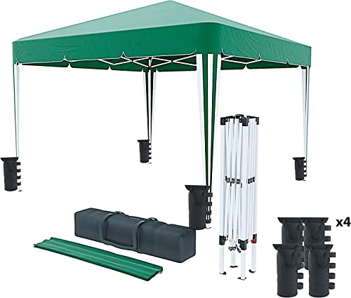 BRICOZONE Gazebo 3 x 3 M Pieghevole Idrorepellente Struttura Acciaio Copertura 160 gr/m² Con 4 Sacche Per Pesi E Sacca Di Trasporto Chiusura A Fisarmonica Da Giardino Campeggio Esterno Fiere (Verde)