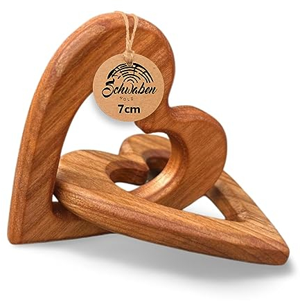 Schwabenholz® Herzen aus Kirschholz - verbundene Herzen - für Brautpaare, zum Valentinstag, Jubiläum, Hochzeitstag, Geburtstag - verschlungene Holz-Herzen - Hochzeitsgeschenk (7cm)