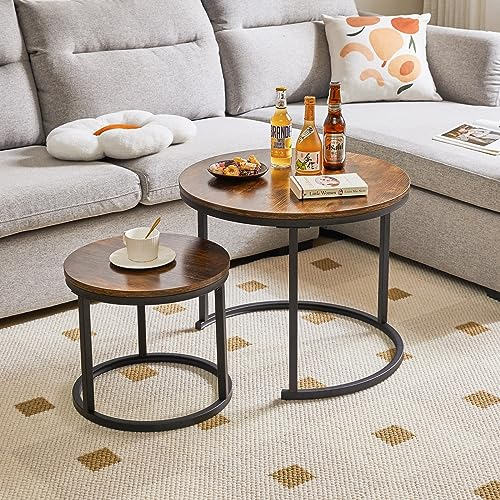 IBUYKE Couchtisch-Set Rund, Beistelltisch Satztisch in 2 Größen, 2 teilig Wohnzimmertisch, Sofatische Kaffeetische Set, Einfacher Aufbau, Industrie-Design, Vintagebraun-Schwarz TMJ062H